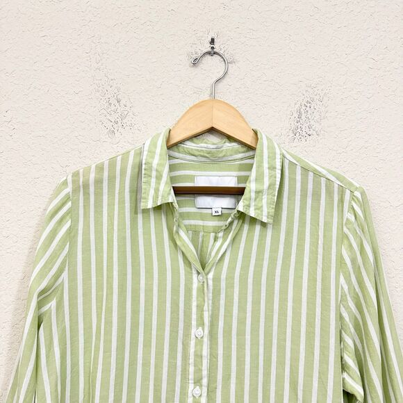 LOLA RIVER Striped Shirt Green White Button Up Tie Roll Tab Sleeve - Picture 4 of 11